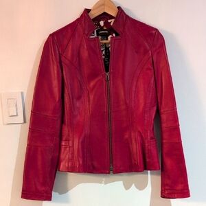 Danier Chery Red Leather Motorcycle Jacket Blazer Size 2XS p2p 17"